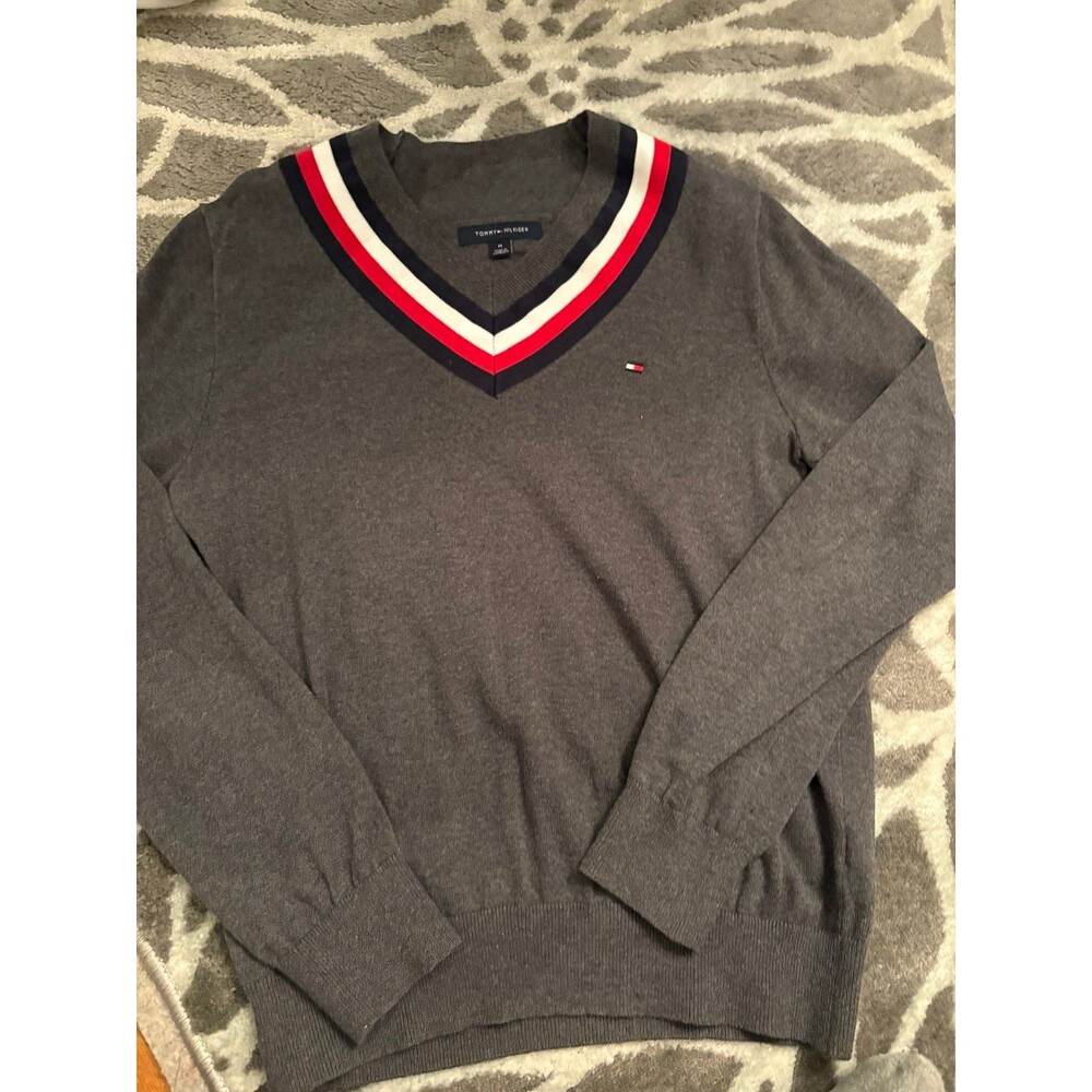 Gray Vneck Tommy Hilfiger Logo Pullover Sweater